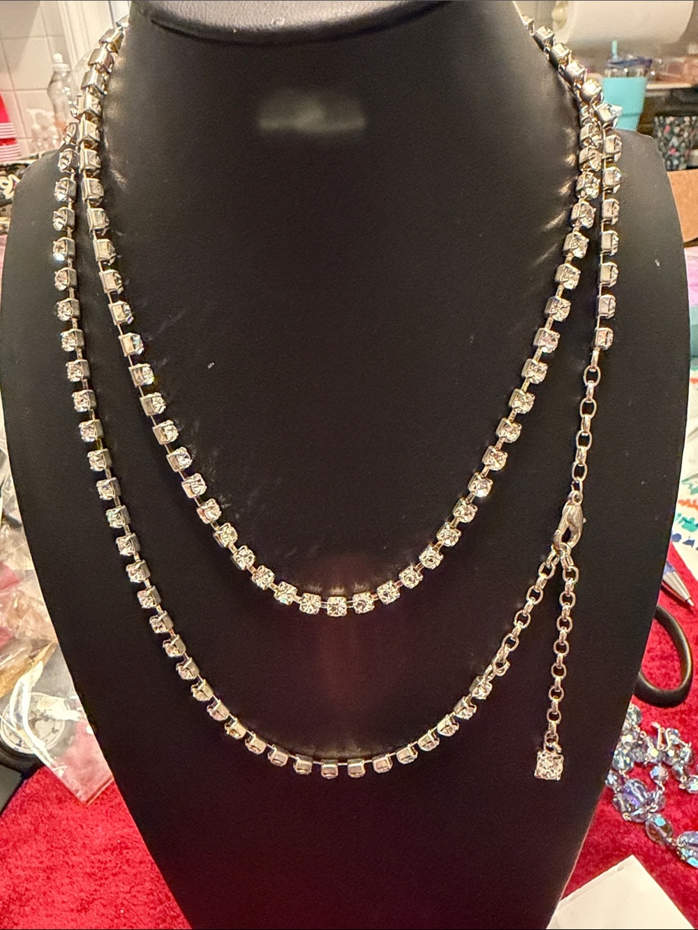 Vintage Silver tone CrystalNecklace w extender can be doubled or opera length